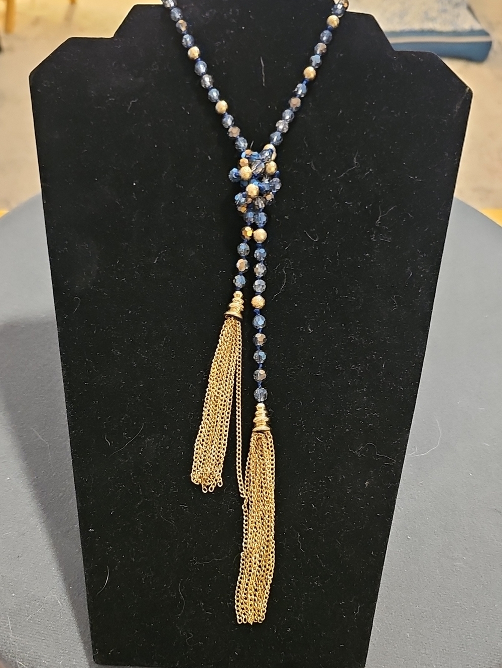 Blue And Gold Beaded Necklace With Tassels. Can Be Wornโ Many Ways.